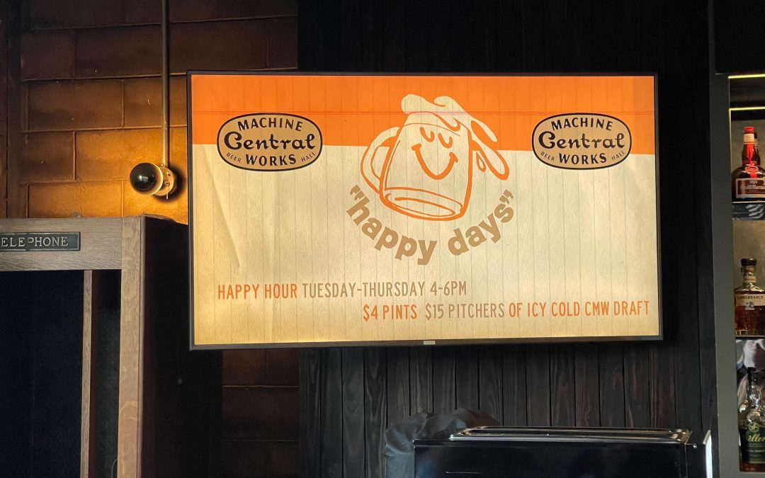 A bar sign advertising happy hour pints and pitchers