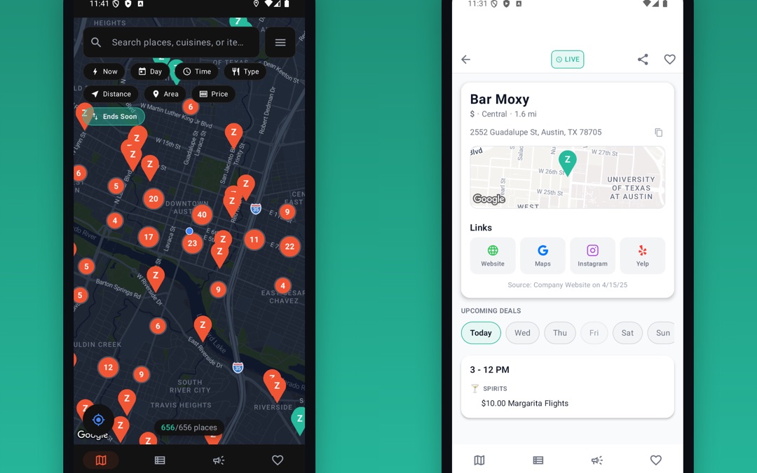 The rebuilt Zappy mobile apps showing the happy hour map and a place detail screen