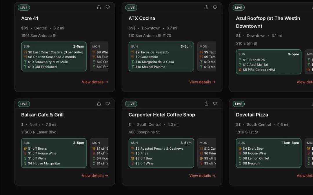 The Zappy web app showing a list of Austin happy hours with prices and times